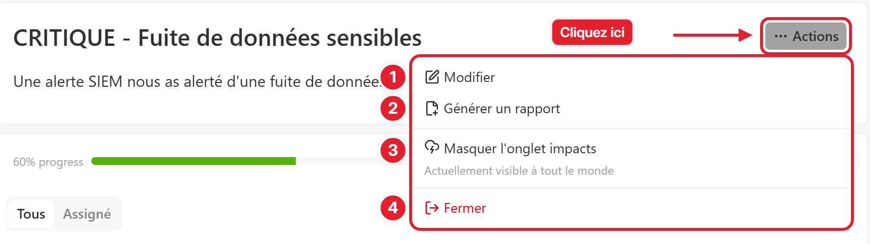 Menu Actions de la cellule de crise ouvert, options numérotées de 1 à 4