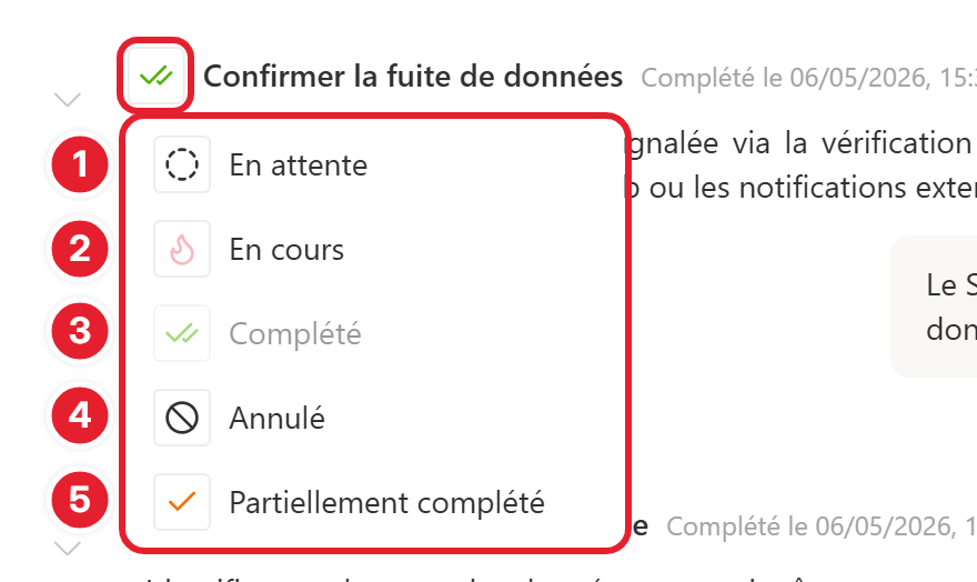Menu des statuts d'une étape, numérotés de 1 à 5