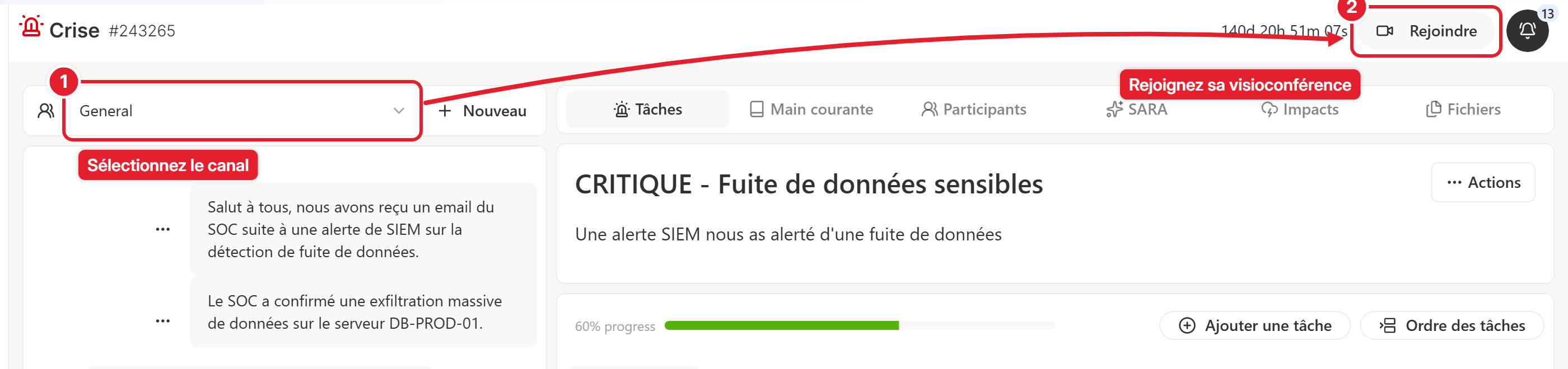 Visioconférence : sélectionner le canal puis cliquer sur Rejoindre