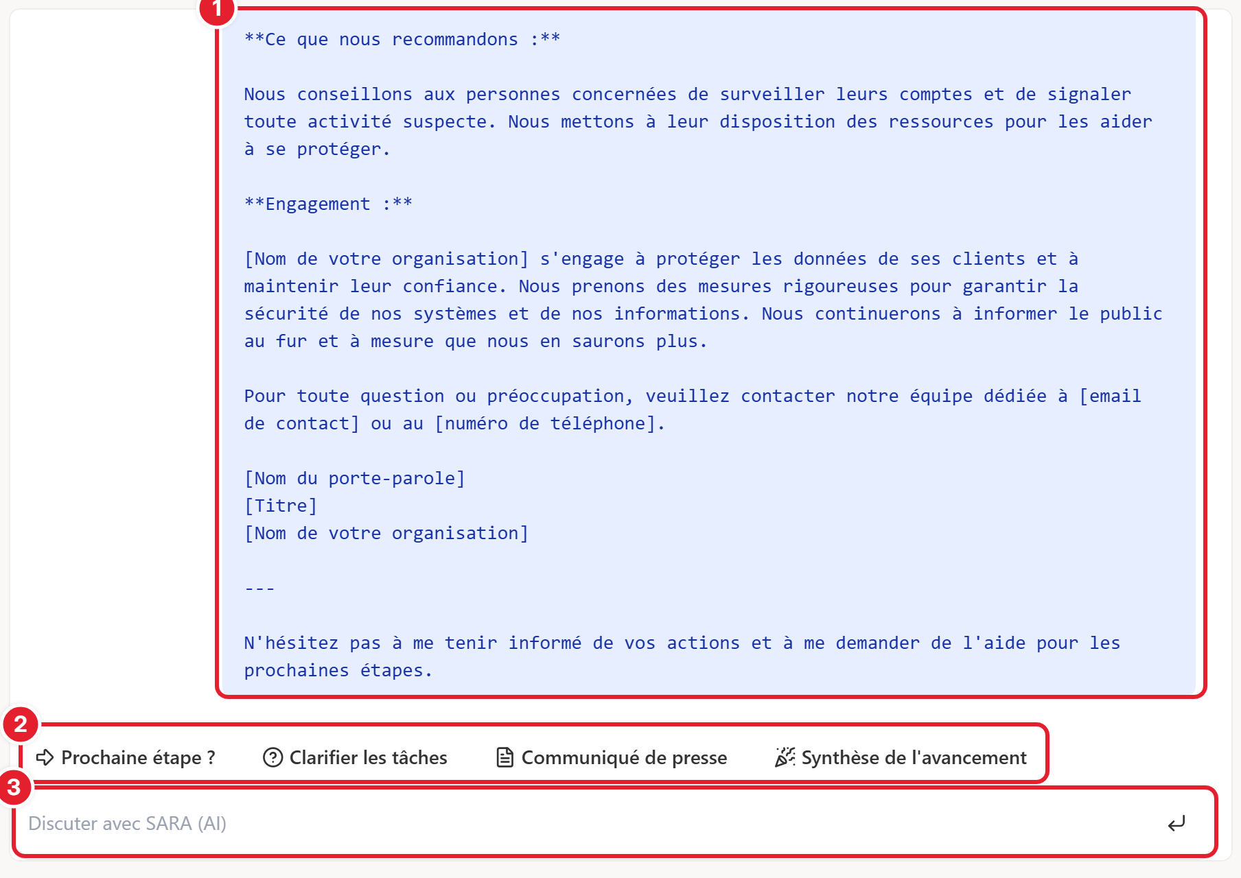 Onglet SARA : conversation, suggestions rapides et zone de saisie, numérotées de 1 à 3